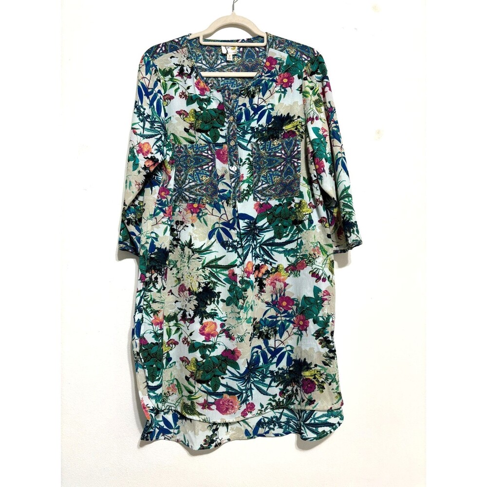 Anthropologie Fig & Flower Long Tunic Blouse Sz L 1/2 Button Chest Pockets